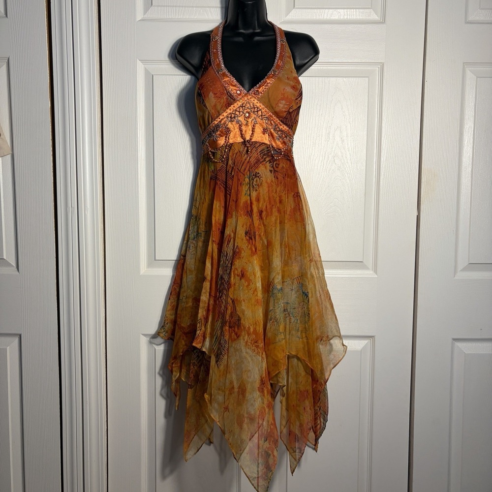 Aspeed USA Y2K SilkHalter Dress Women S Orange Tribal Asymmetric Hem Festival